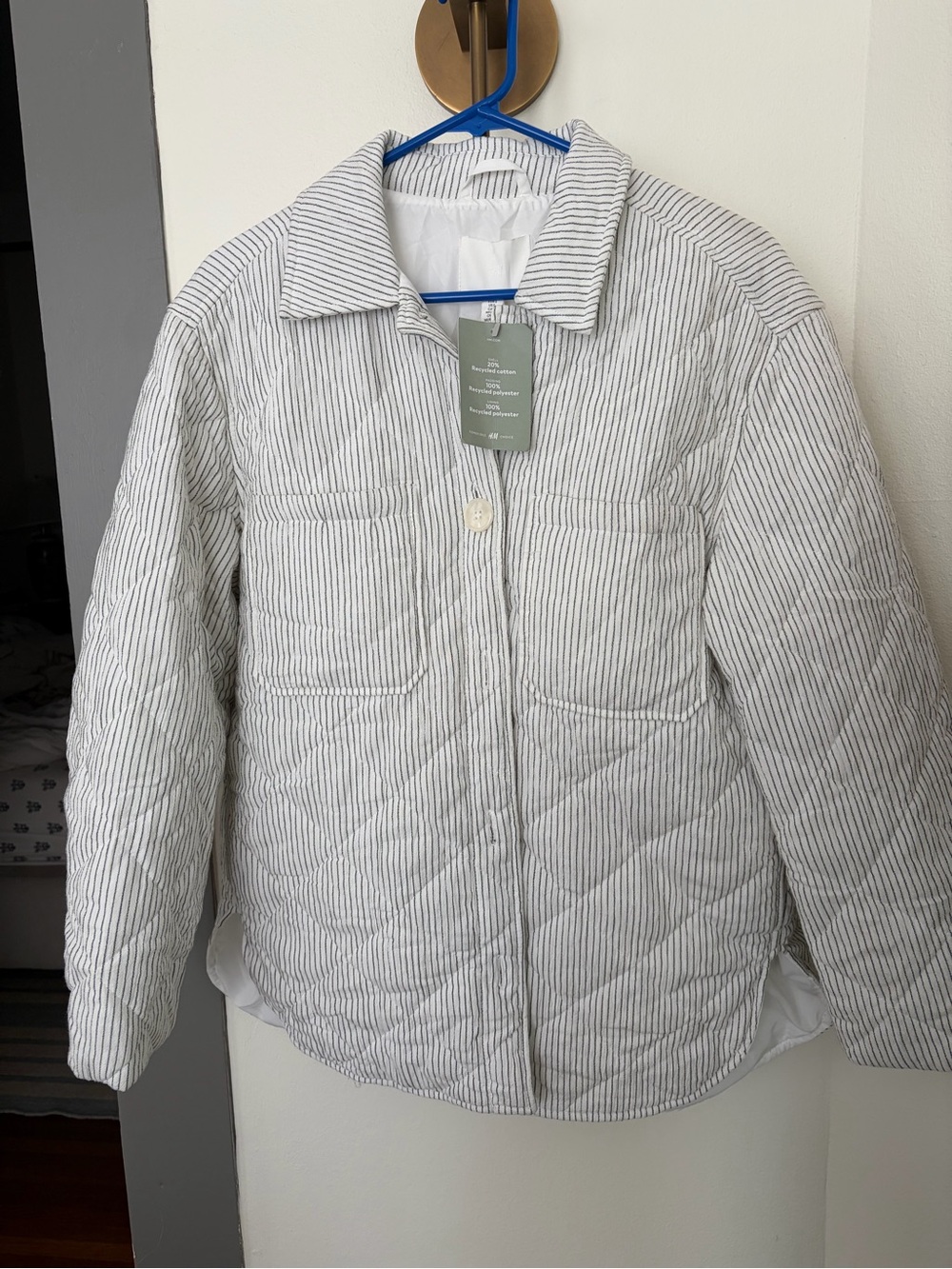 H&M White and Gray Striped Quilted Puffer Jacket NWT